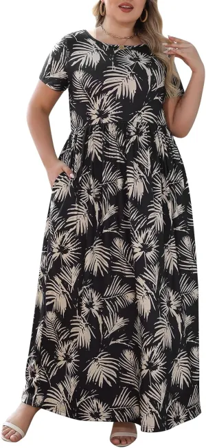 Nemidor Women Short Sleeve Loose Plain Casual Plus Size Long Maxi Dress with Pockets