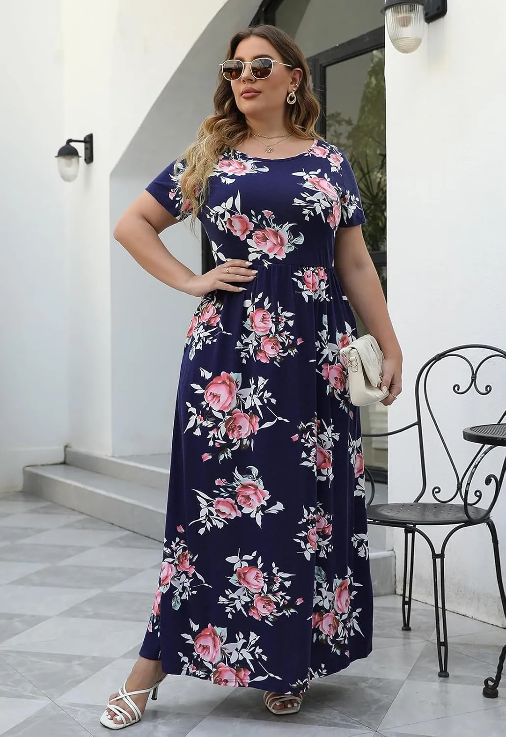 Nemidor Women Short Sleeve Loose Plain Casual Plus Size Long Maxi Dress with Pockets