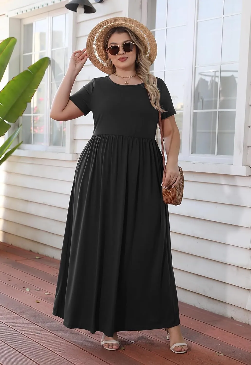 Nemidor Women Short Sleeve Loose Plain Casual Plus Size Long Maxi Dress with Pockets