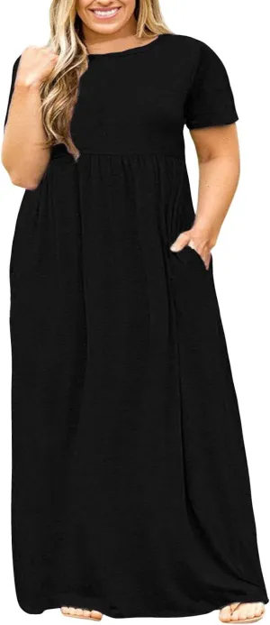 Nemidor Women Short Sleeve Loose Plain Casual Plus Size Long Maxi Dress with Pockets