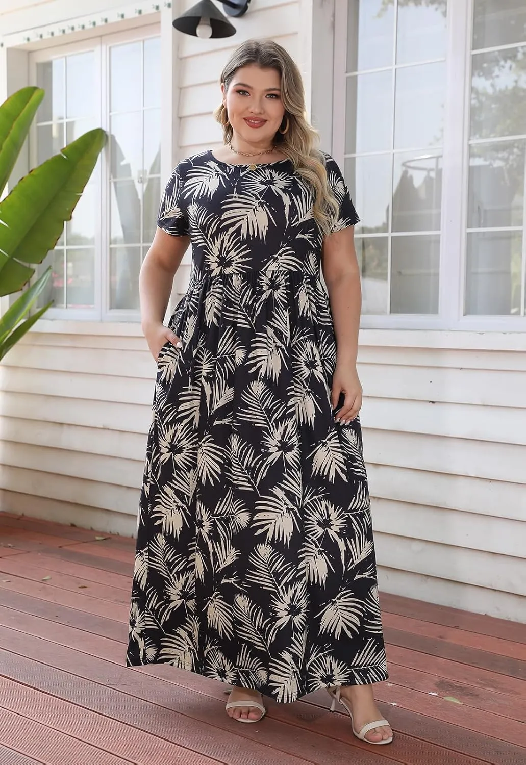 Nemidor Women Short Sleeve Loose Plain Casual Plus Size Long Maxi Dress with Pockets