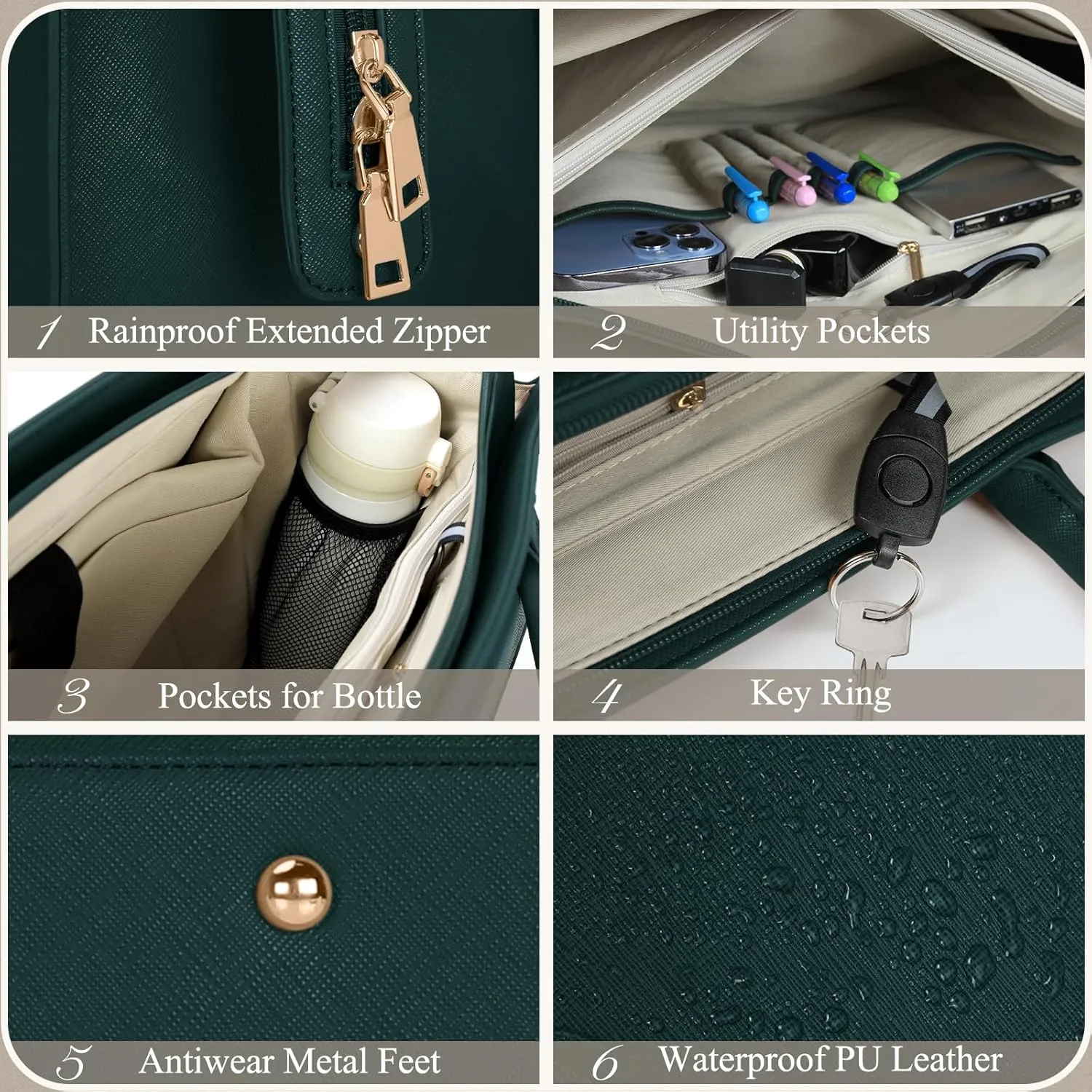 NEWHEY Women's Dark Green Leather Tote and Envelope Bag Set, 16.9in x 5.9in x 12.5in, 2-in-1 Design, Magnetic Closure, Adjustable Shoulder Strap