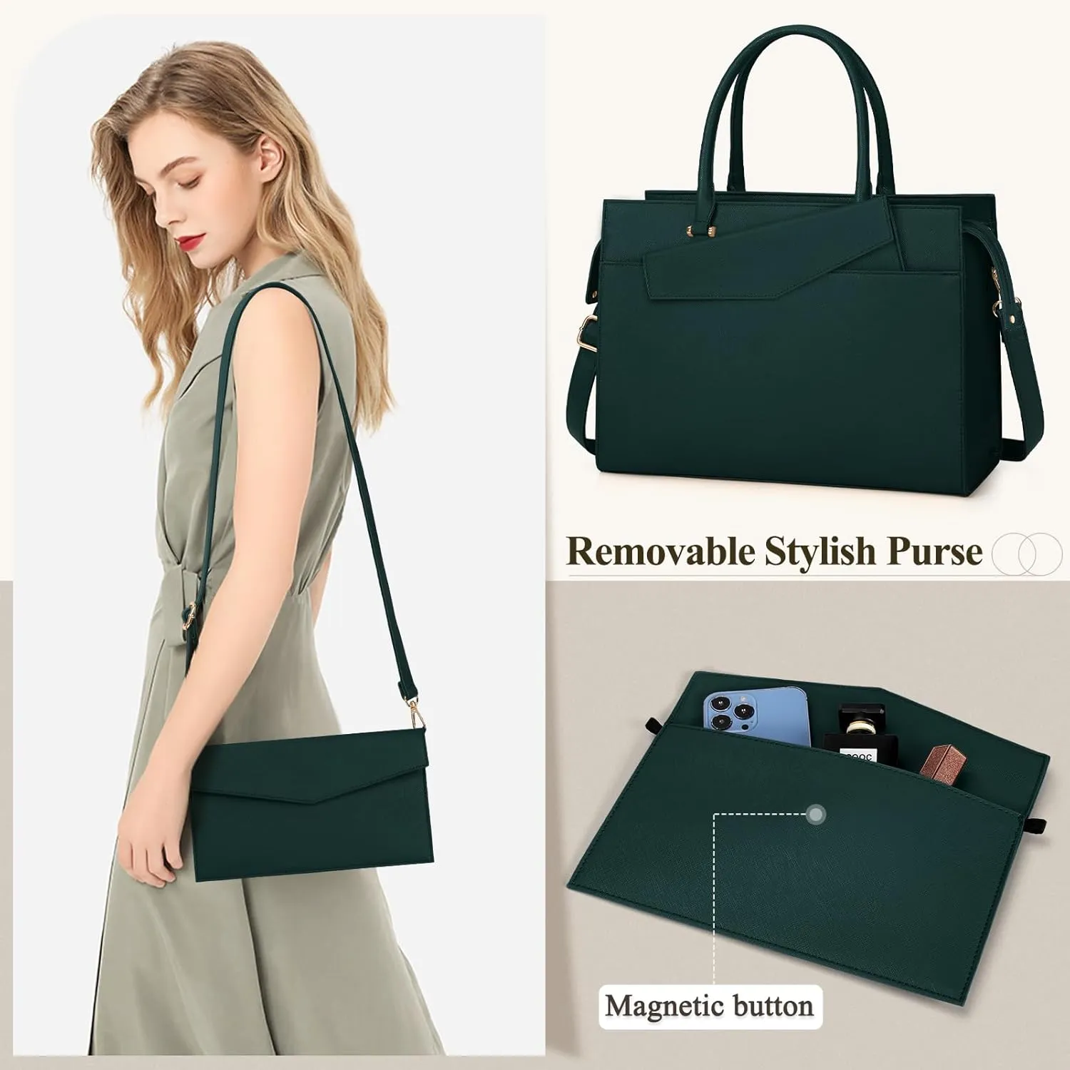 NEWHEY Women's Dark Green Leather Tote and Envelope Bag Set, 16.9in x 5.9in x 12.5in, 2-in-1 Design, Magnetic Closure, Adjustable Shoulder Strap