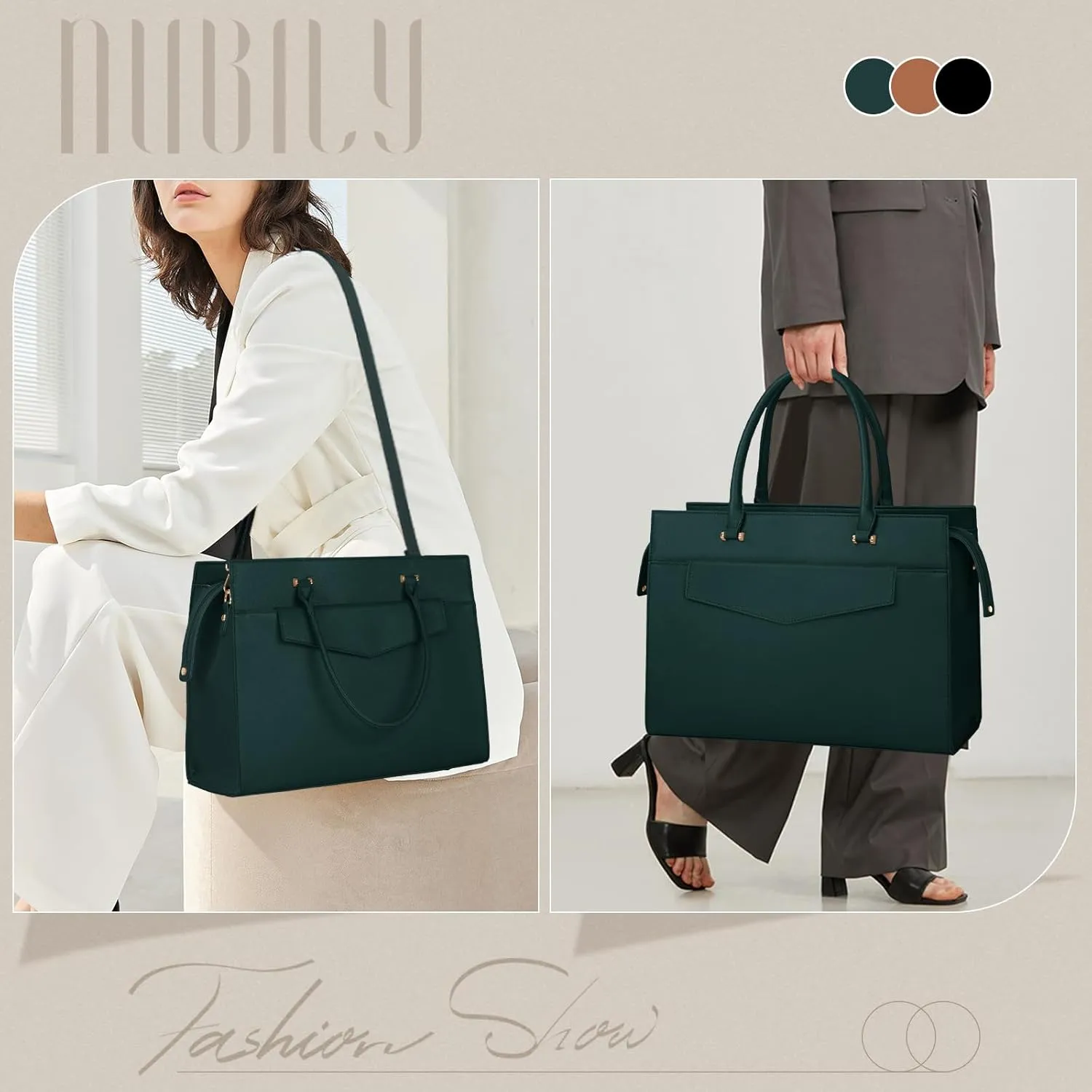 NEWHEY Women's Dark Green Leather Tote and Envelope Bag Set, 16.9in x 5.9in x 12.5in, 2-in-1 Design, Magnetic Closure, Adjustable Shoulder Strap