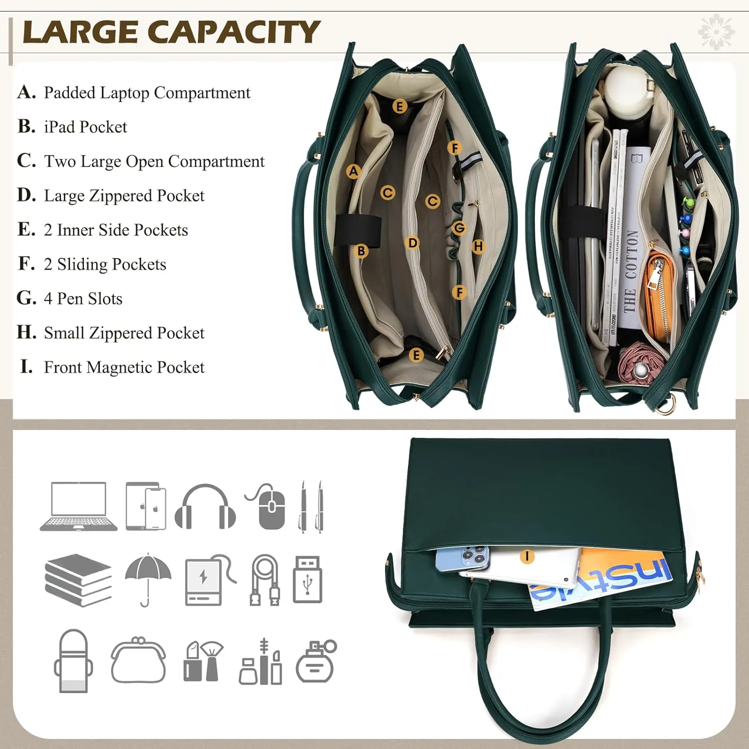 NEWHEY Women's Dark Green Leather Tote and Envelope Bag Set, 16.9in x 5.9in x 12.5in, 2-in-1 Design, Magnetic Closure, Adjustable Shoulder Strap