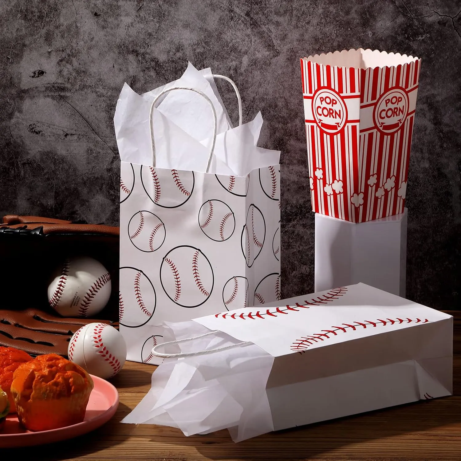 Nezyo 16 Pcs Sports Party Gift Bags with Tissue Paper Baseball Football Soccer Basketball Gift Goodie Favor Bags with Handle for Baseball Theme Party Girls Boys Birthday Decoration (White, Baseball)