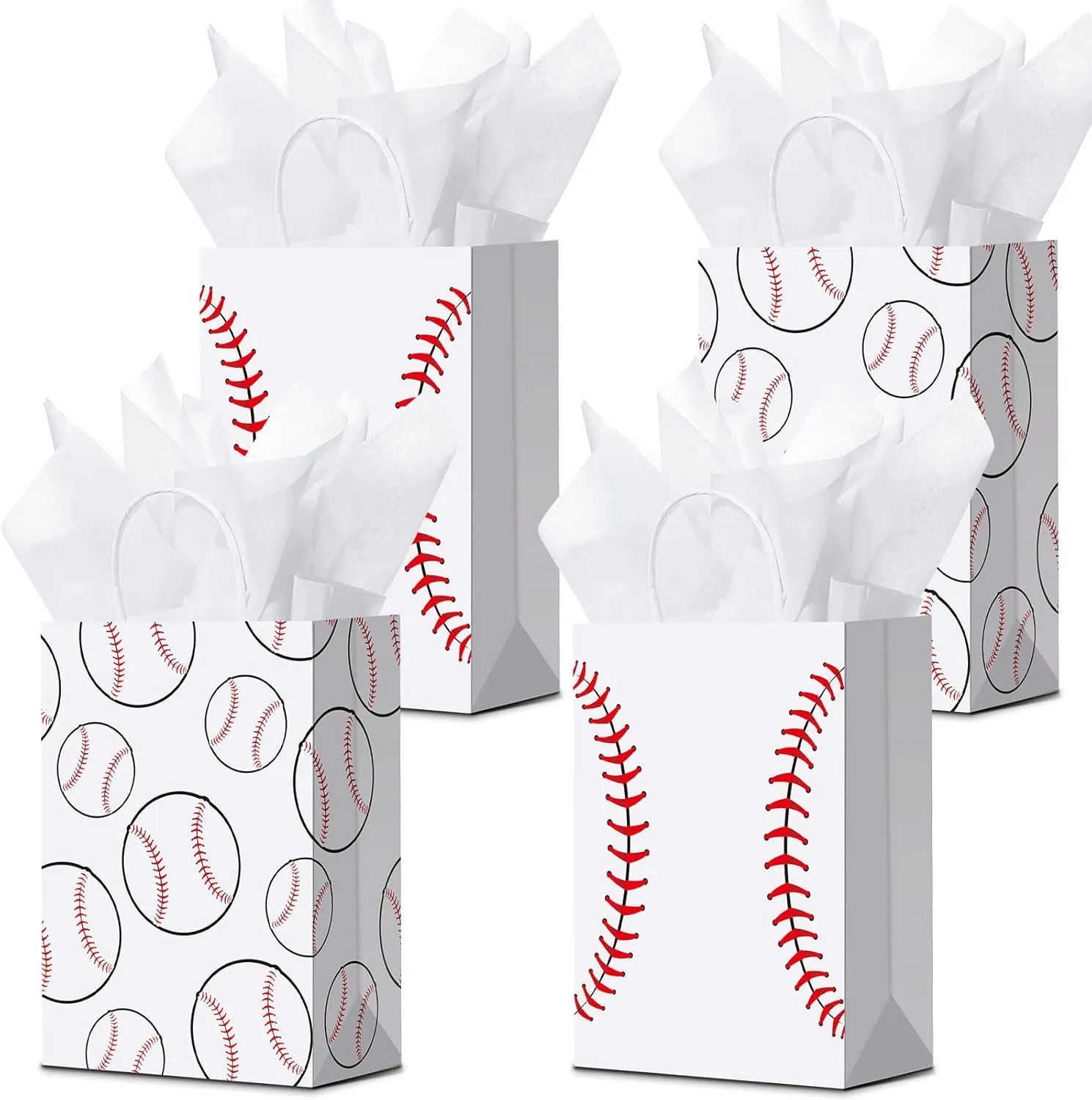Nezyo 16 Pcs Sports Party Gift Bags with Tissue Paper Baseball Football Soccer Basketball Gift Goodie Favor Bags with Handle for Baseball Theme Party Girls Boys Birthday Decoration (White, Baseball)