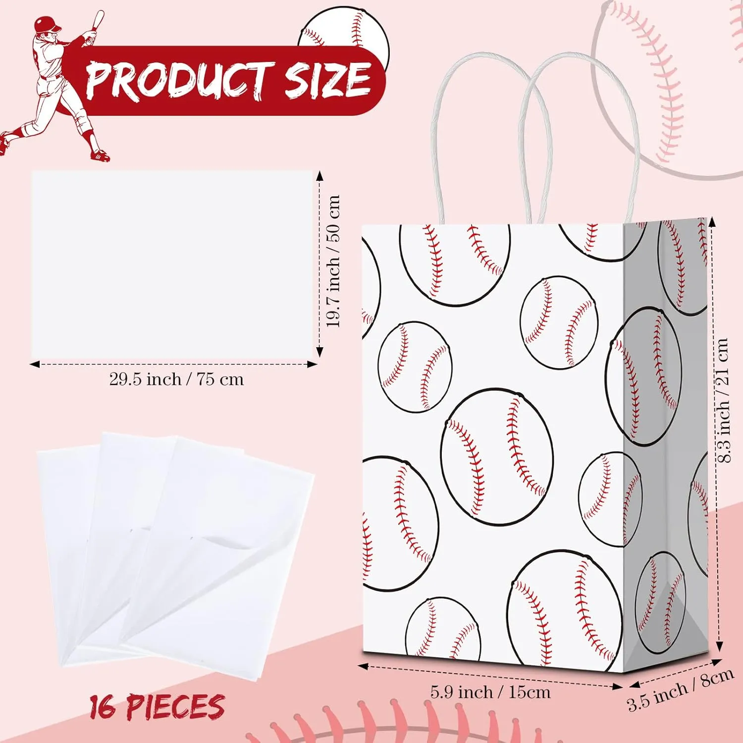 Nezyo 16 Pcs Sports Party Gift Bags with Tissue Paper Baseball Football Soccer Basketball Gift Goodie Favor Bags with Handle for Baseball Theme Party Girls Boys Birthday Decoration (White, Baseball)