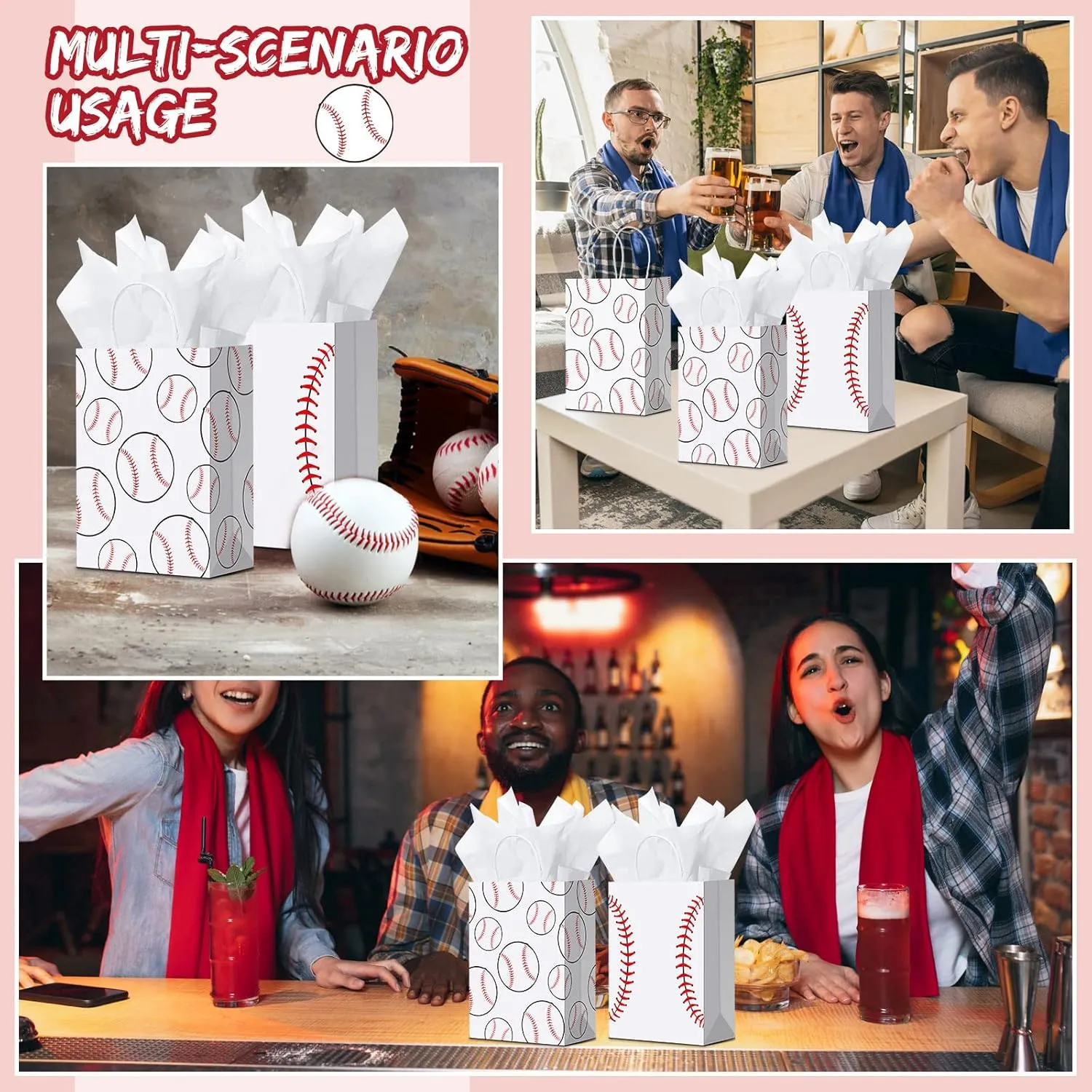 Nezyo 16 Pcs Sports Party Gift Bags with Tissue Paper Baseball Football Soccer Basketball Gift Goodie Favor Bags with Handle for Baseball Theme Party Girls Boys Birthday Decoration (White, Baseball)