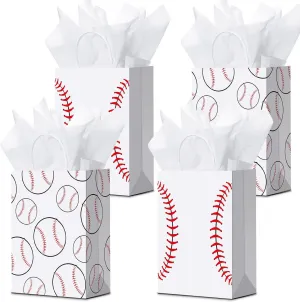 Nezyo 16 Pcs Sports Party Gift Bags with Tissue Paper Baseball Football Soccer Basketball Gift Goodie Favor Bags with Handle for Baseball Theme Party Girls Boys Birthday Decoration (White, Baseball)