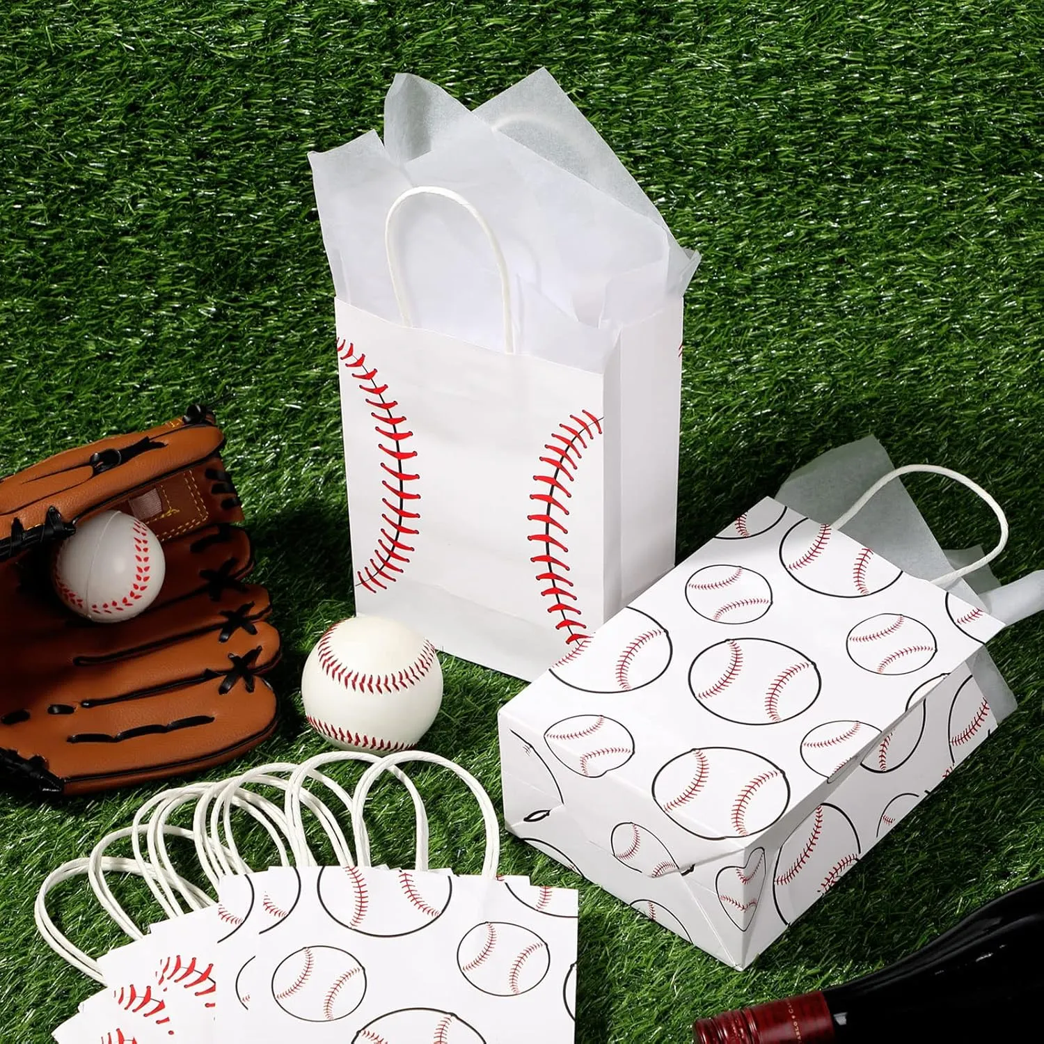 Nezyo 16 Pcs Sports Party Gift Bags with Tissue Paper Baseball Football Soccer Basketball Gift Goodie Favor Bags with Handle for Baseball Theme Party Girls Boys Birthday Decoration (White, Baseball)