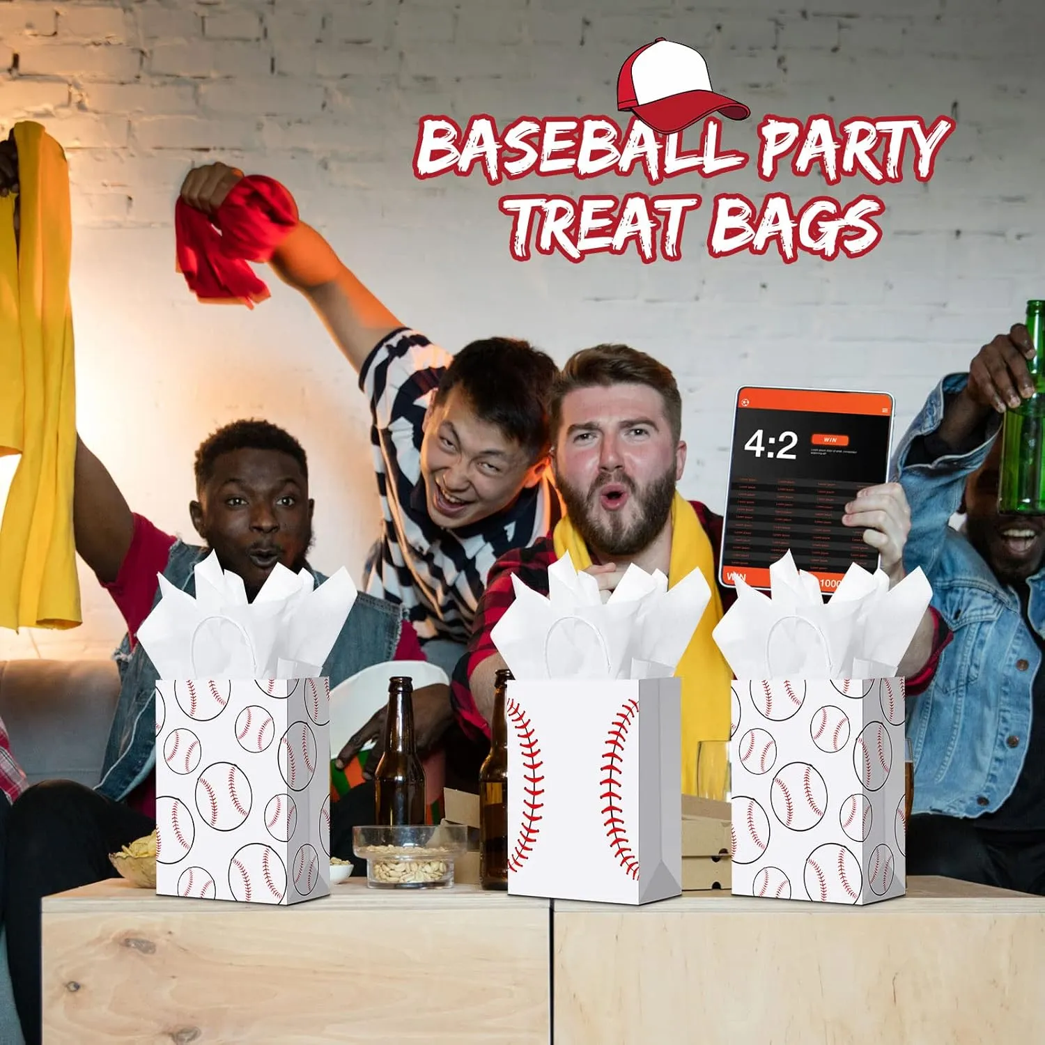 Nezyo 16 Pcs Sports Party Gift Bags with Tissue Paper Baseball Football Soccer Basketball Gift Goodie Favor Bags with Handle for Baseball Theme Party Girls Boys Birthday Decoration (White, Baseball)