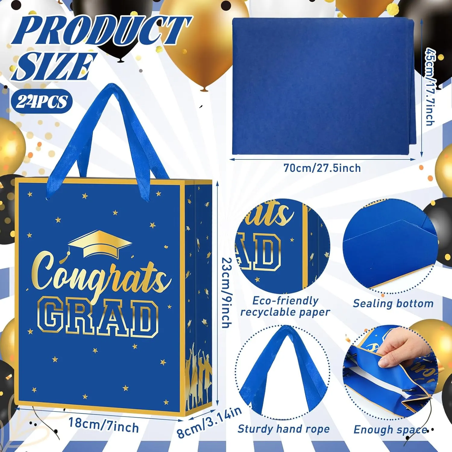 Nezyo 24 Pcs 2024 Graduation Gift Bag with Handle and Tissue Paper 7 x 9 Inch Grad Gift Bag Bulk Congrats Grad Party Favor Bag for High School College University Students Party Supplies (Blue)