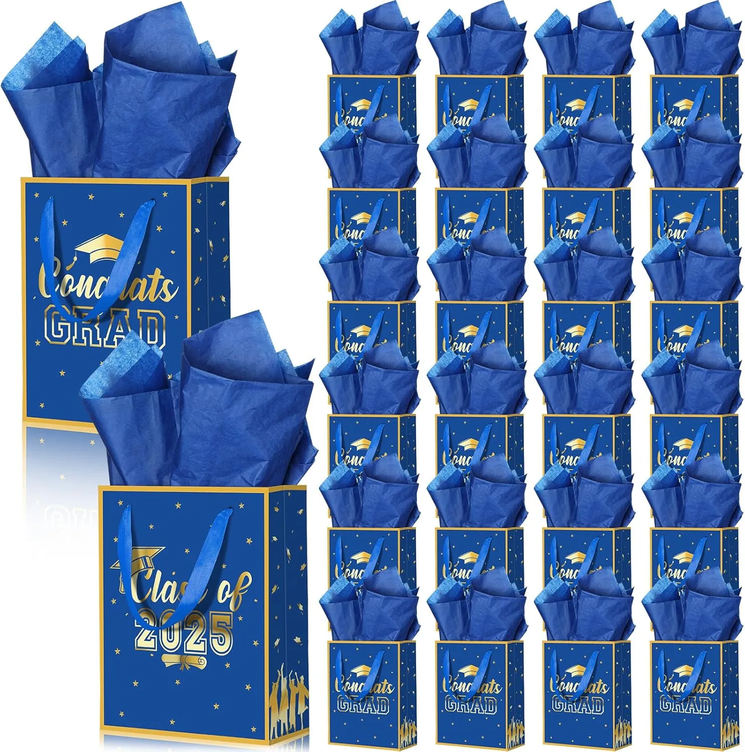 Nezyo 24 Pcs 2024 Graduation Gift Bag with Handle and Tissue Paper 7 x 9 Inch Grad Gift Bag Bulk Congrats Grad Party Favor Bag for High School College University Students Party Supplies (Blue)