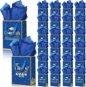Nezyo 24 Pcs 2024 Graduation Gift Bag with Handle and Tissue Paper 7 x 9 Inch Grad Gift Bag Bulk Congrats Grad Party Favor Bag for High School College University Students Party Supplies (Blue)