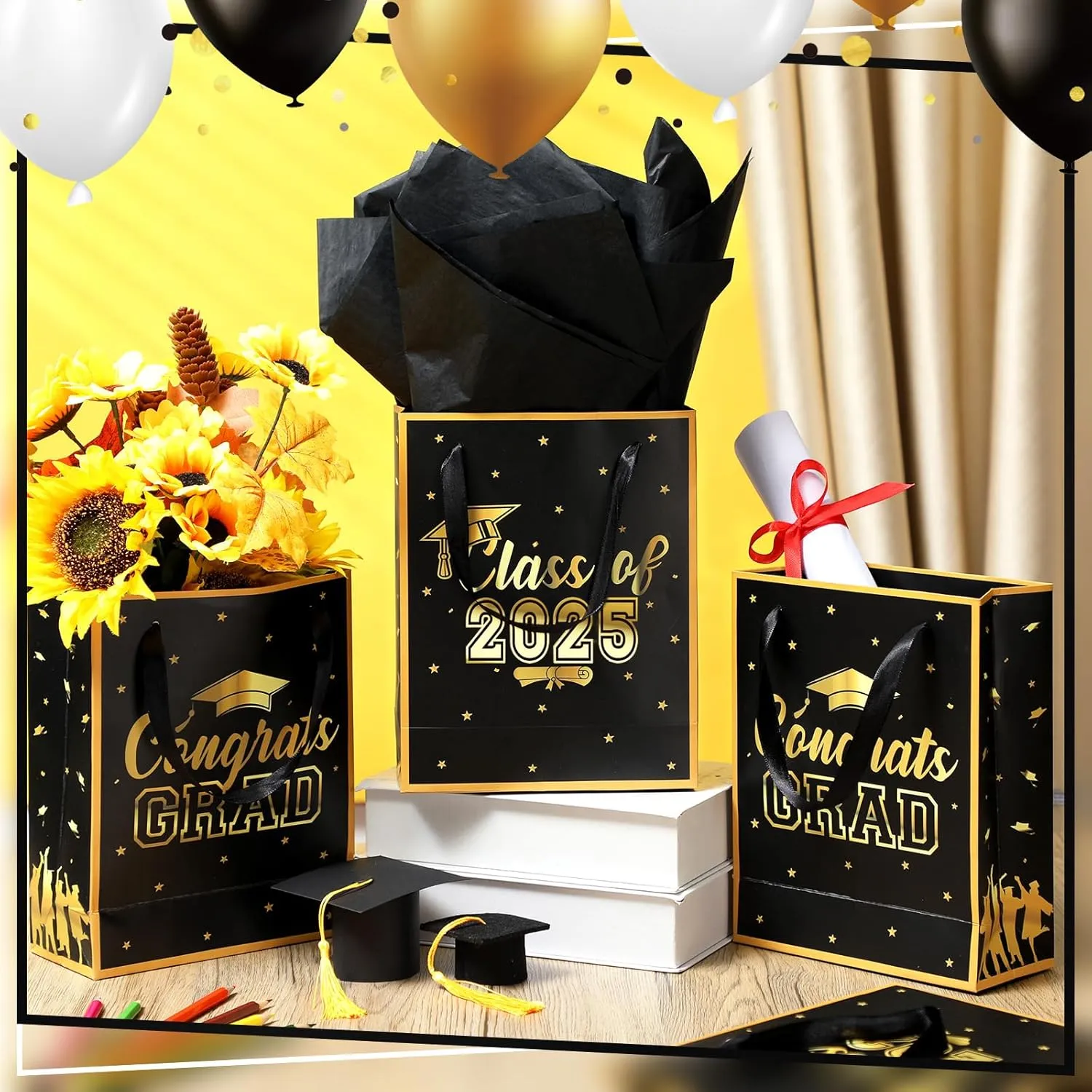 Nezyo 24 Pcs 2025 Graduation Gift Bag with Handle and Tissue Paper 7 x 9 Inch Grad Gift Bag Bulk Congrats Grad Party Favor Bag for High School College University Students Party Supplies (Black)