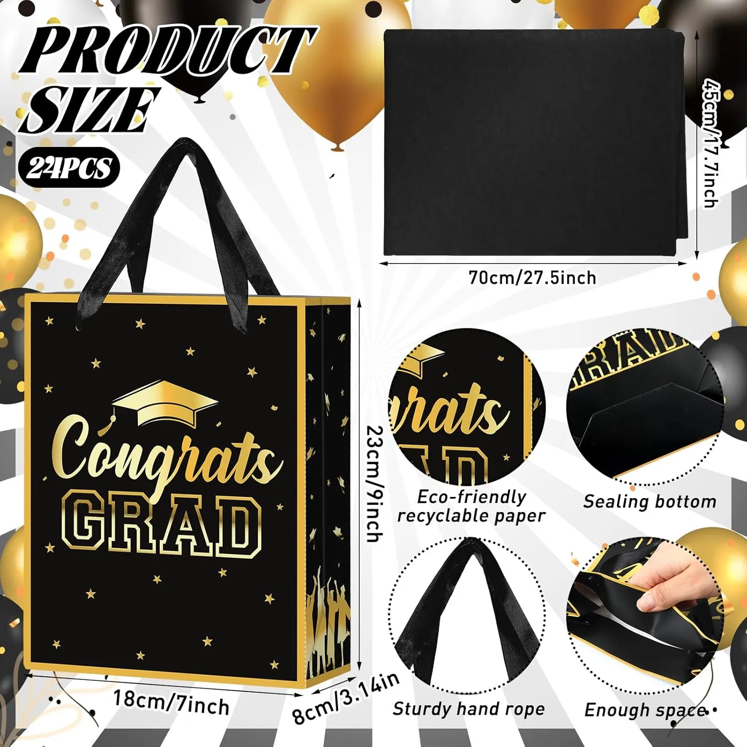 Nezyo 24 Pcs 2025 Graduation Gift Bag with Handle and Tissue Paper 7 x 9 Inch Grad Gift Bag Bulk Congrats Grad Party Favor Bag for High School College University Students Party Supplies (Black)
