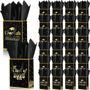 Nezyo 24 Pcs 2025 Graduation Gift Bag with Handle and Tissue Paper 7 x 9 Inch Grad Gift Bag Bulk Congrats Grad Party Favor Bag for High School College University Students Party Supplies (Black)