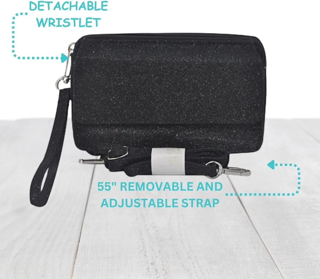 NGIL Canvas All in One Wallet, Wallet, Women Wallet, Wristlet Wallet, Zippered Wallet for Women (Black Glitter- Black)