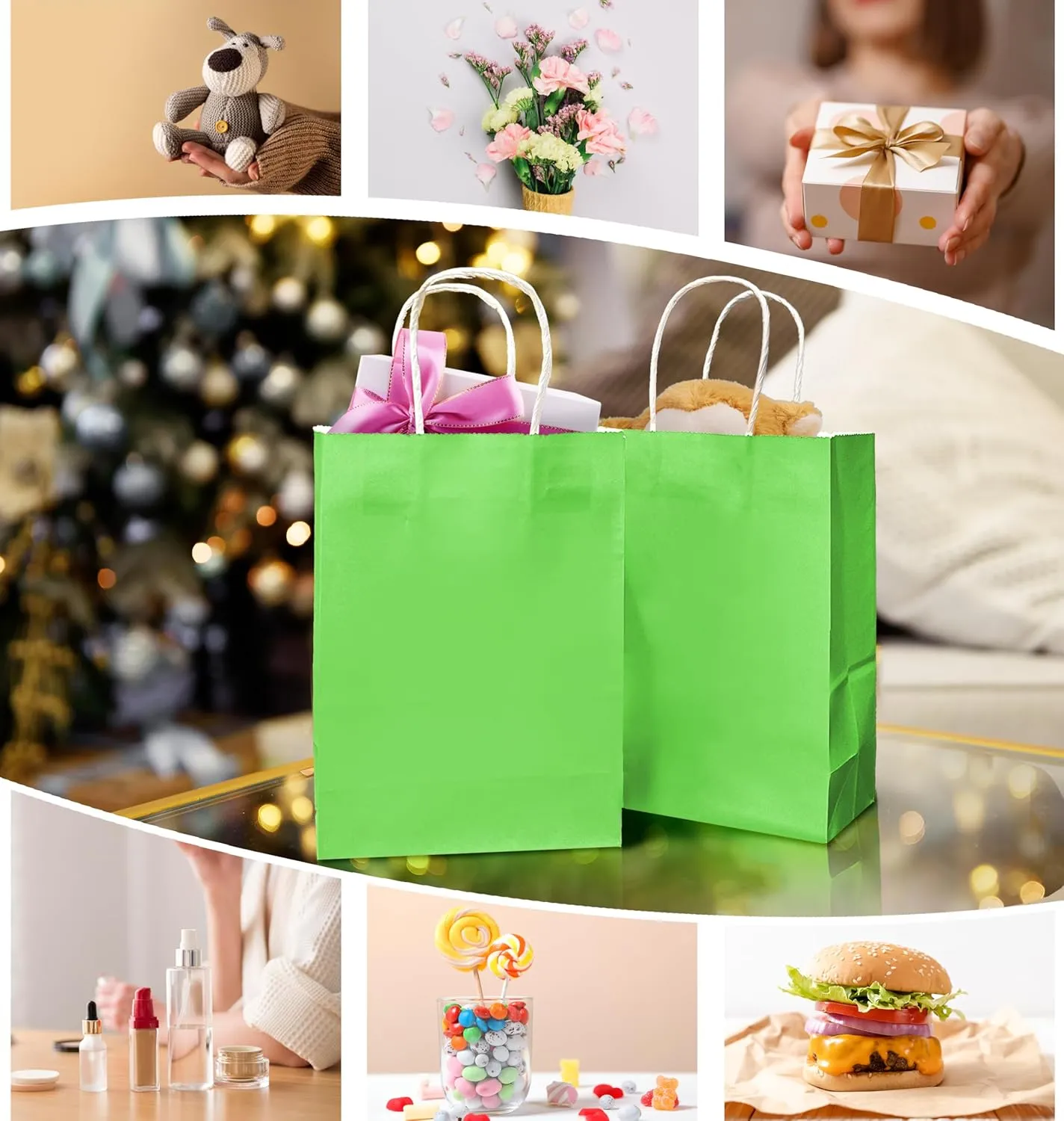 Nihuecne 24 Pack Kraft Paper Gift Bags with Tissue Paper, Small Gift Bags Bulk with Handles for Birthday, Anniversary, Holiday and More(5.9 x3.1 x 8.3In) (Green)