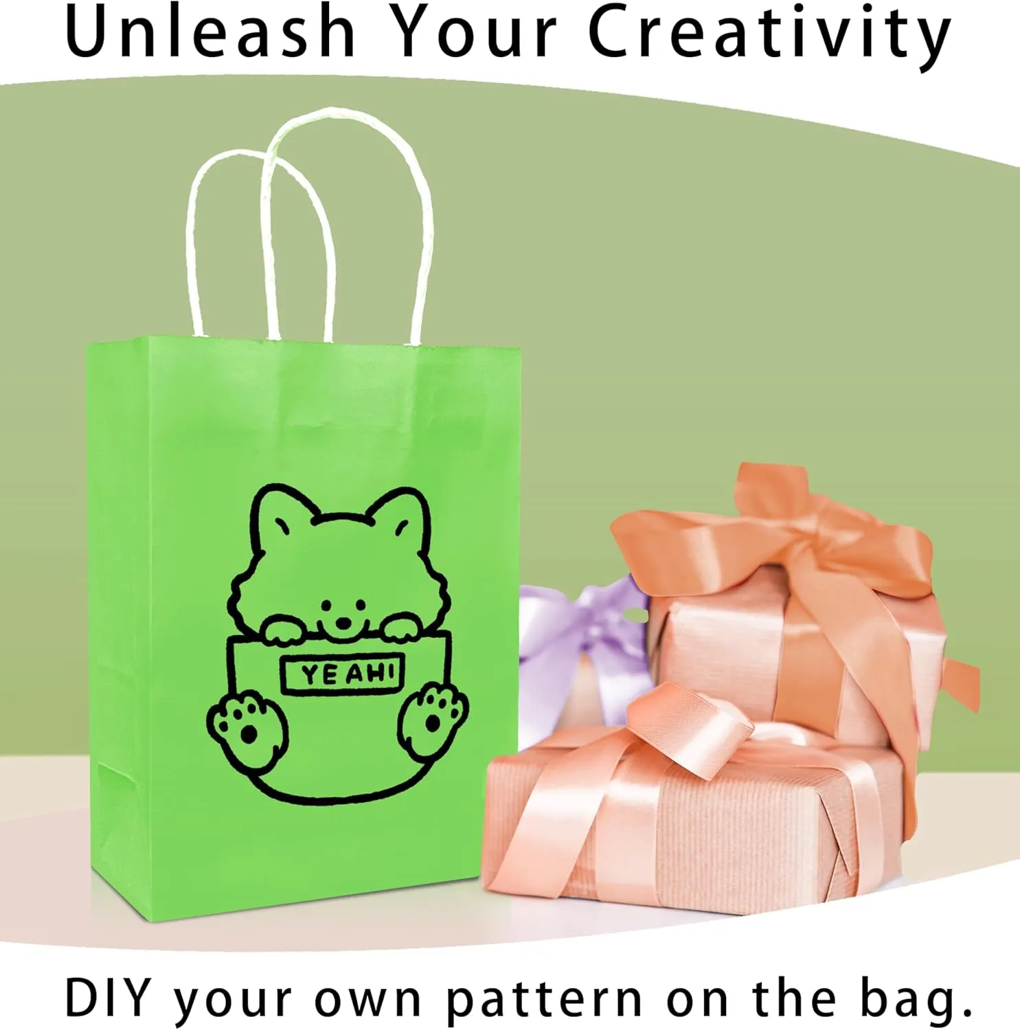 Nihuecne 24 Pack Kraft Paper Gift Bags with Tissue Paper, Small Gift Bags Bulk with Handles for Birthday, Anniversary, Holiday and More(5.9 x3.1 x 8.3In) (Green)