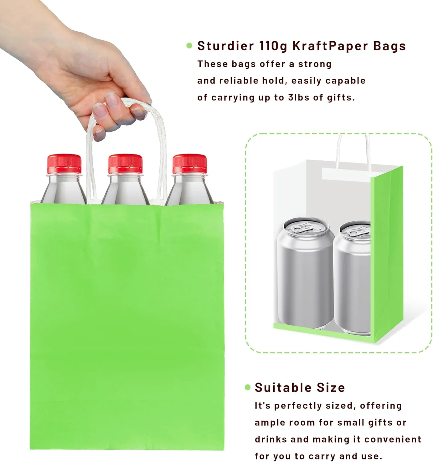 Nihuecne 24 Pack Kraft Paper Gift Bags with Tissue Paper, Small Gift Bags Bulk with Handles for Birthday, Anniversary, Holiday and More(5.9 x3.1 x 8.3In) (Green)