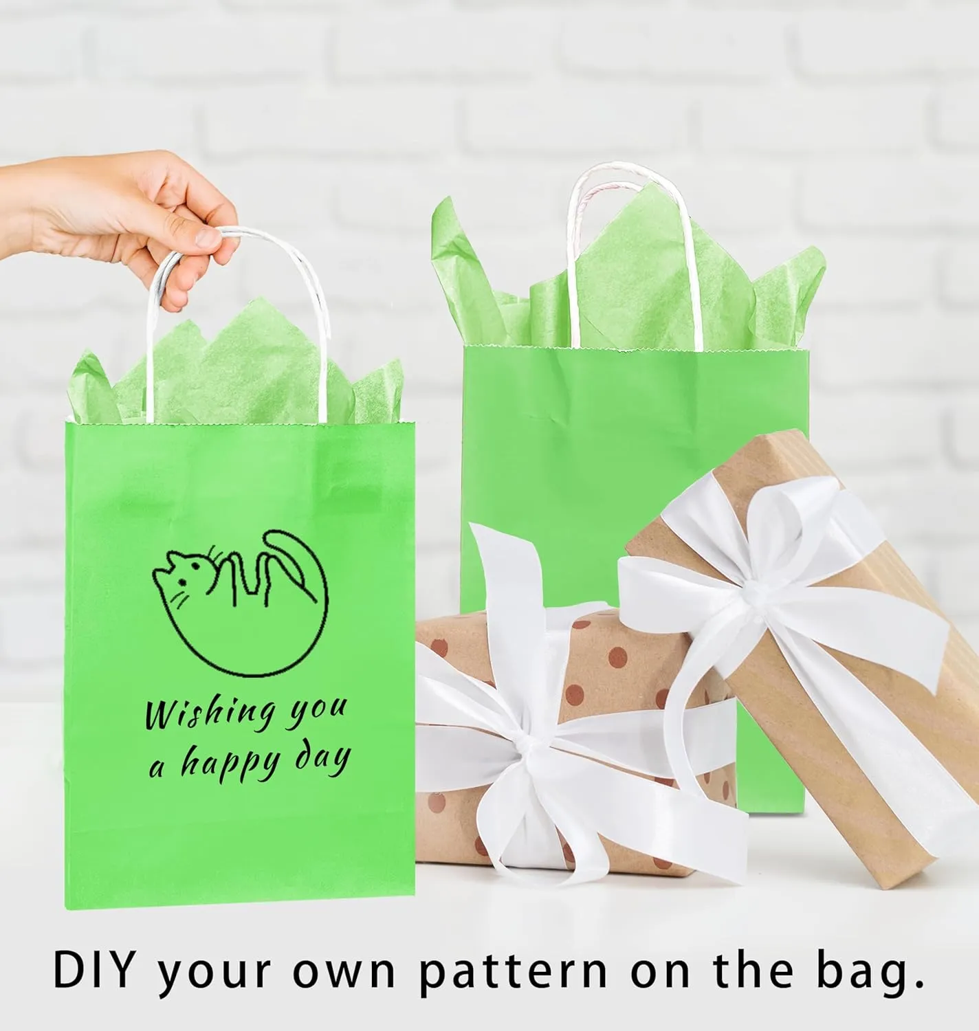 Nihuecne 24 Pack Kraft Paper Gift Bags with Tissue Paper, Small Gift Bags Bulk with Handles for Birthday, Anniversary, Holiday and More(5.9 x3.1 x 8.3In) (Green)