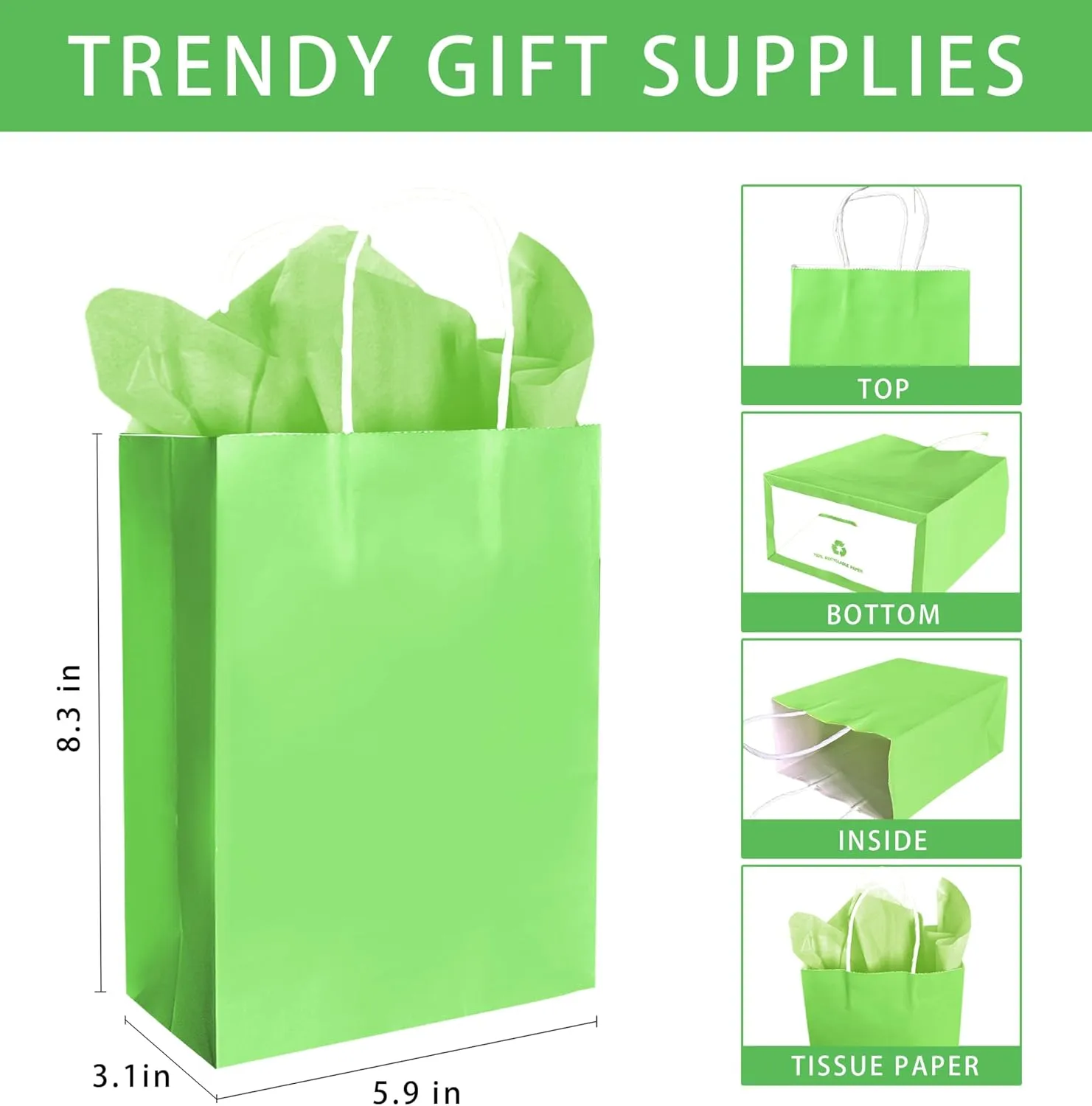 Nihuecne 24 Pack Kraft Paper Gift Bags with Tissue Paper, Small Gift Bags Bulk with Handles for Birthday, Anniversary, Holiday and More(5.9 x3.1 x 8.3In) (Green)