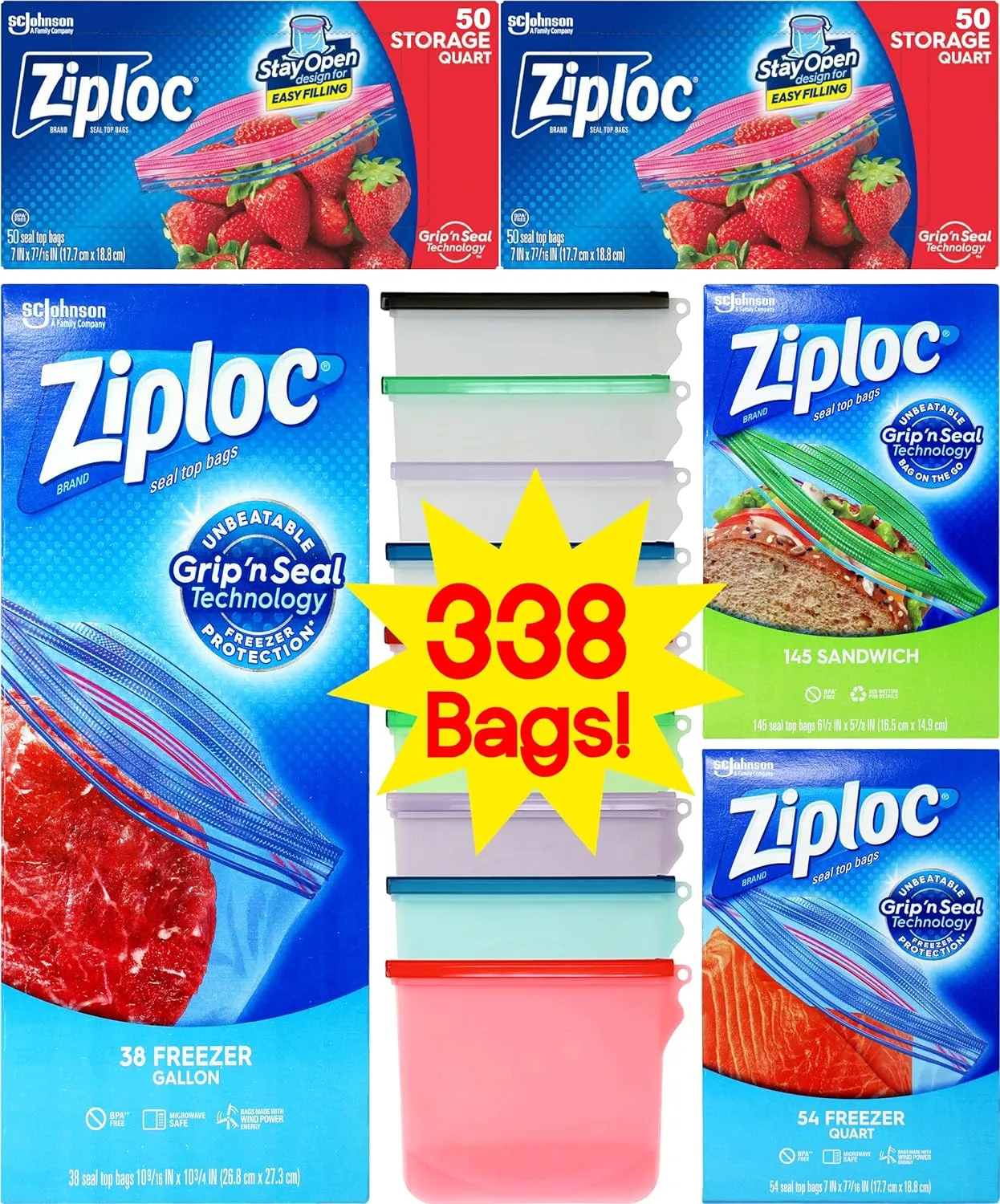 Niro Assortment Storage Bags - 5-Pack Variety Kit: 54 Quart, 38 Gallon, 100 Quart, 145 Sandwich & 1 Reusable Silicone Bag - 388 Total