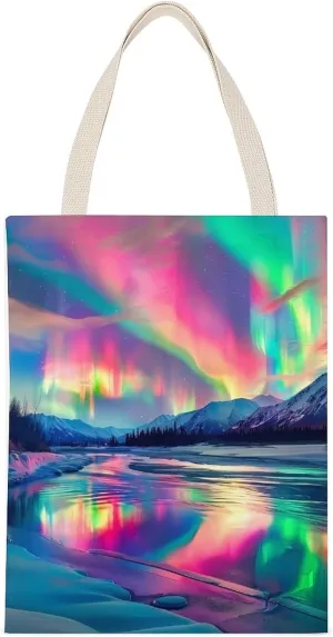 Northern Lights Night Printed Canvas Tote Bags Shoulder Bag Reusable Grocery Shopping Handbag DIY Gifts 14"x18"