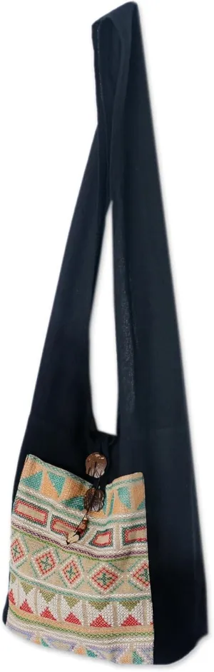 NOVICA Artisan Handmade Cotton Shoulder Bag Patterned in Thailand Hemp Coconut Shell Handbags Black Multicolor Geometric ' Happy Geometry'