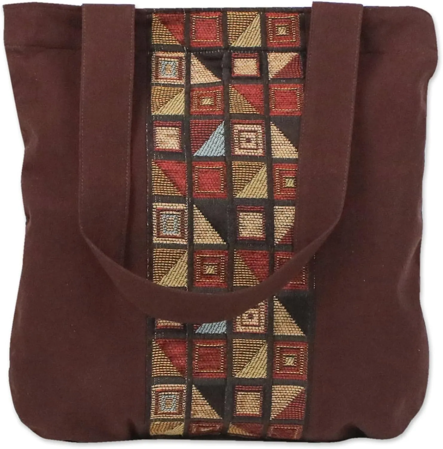 NOVICA Artisan Handmade Cotton Tote Bag Geometric Motif Brown Handbag from Thailand Handbags Patterned ' Native Geometry'