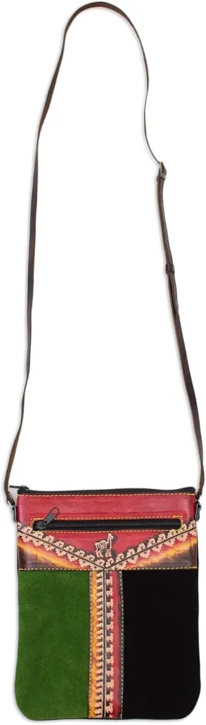 NOVICA Artisan Handmade Leather Sling Llamathemed Multicolored from Peru Handbags Slings Shoulder Animal Cultural Geometric Travel Friendly ' Cusco Traveler'