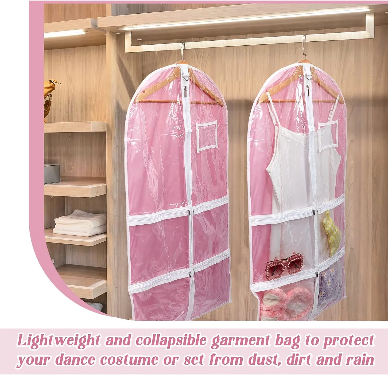 Nuenen 6 Pcs Kids Dance Costume Garment Bag for Hanging Clothes Clear Dance Garment Bags for Dancers with 5 Zipper Pockets Closet Hanging Clothes Cover(37 x 21 Inch,Pink)