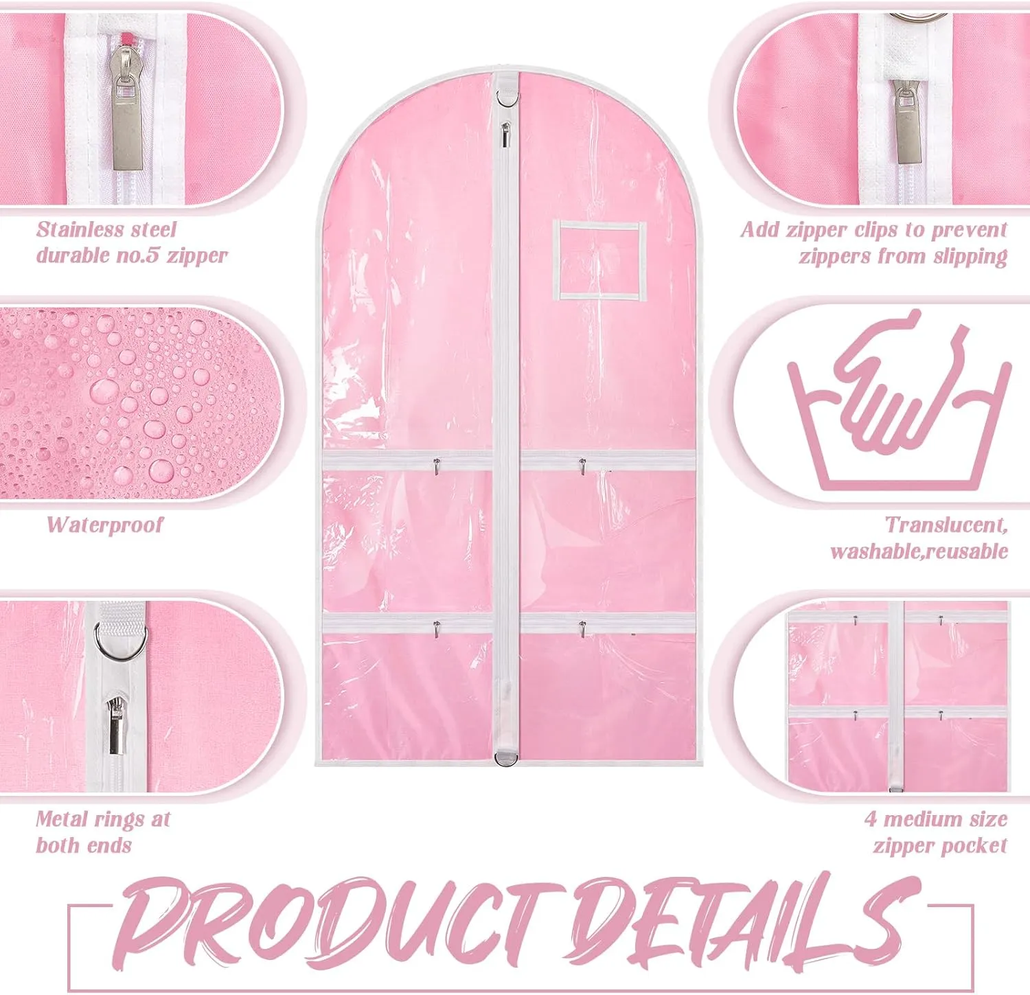 Nuenen 6 Pcs Kids Dance Costume Garment Bag for Hanging Clothes Clear Dance Garment Bags for Dancers with 5 Zipper Pockets Closet Hanging Clothes Cover(37 x 21 Inch,Pink)