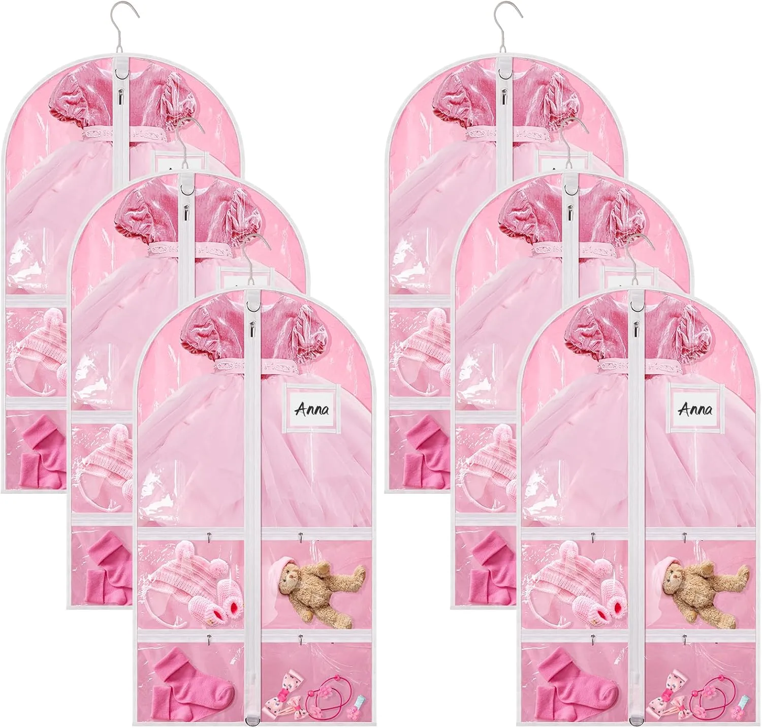 Nuenen 6 Pcs Kids Dance Costume Garment Bag for Hanging Clothes Clear Dance Garment Bags for Dancers with 5 Zipper Pockets Closet Hanging Clothes Cover(37 x 21 Inch,Pink)