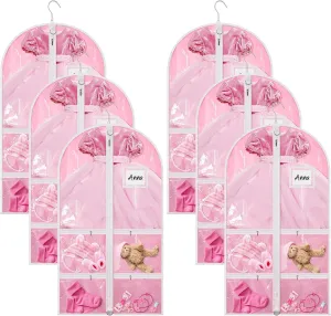 Nuenen 6 Pcs Kids Dance Costume Garment Bag for Hanging Clothes Clear Dance Garment Bags for Dancers with 5 Zipper Pockets Closet Hanging Clothes Cover(37 x 21 Inch,Pink)