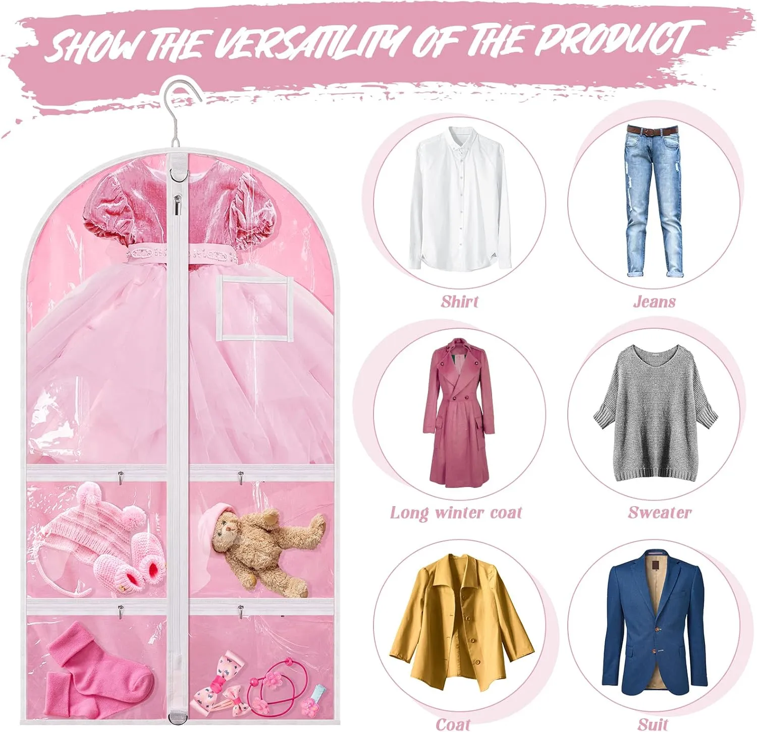 Nuenen 6 Pcs Kids Dance Costume Garment Bag for Hanging Clothes Clear Dance Garment Bags for Dancers with 5 Zipper Pockets Closet Hanging Clothes Cover(37 x 21 Inch,Pink)