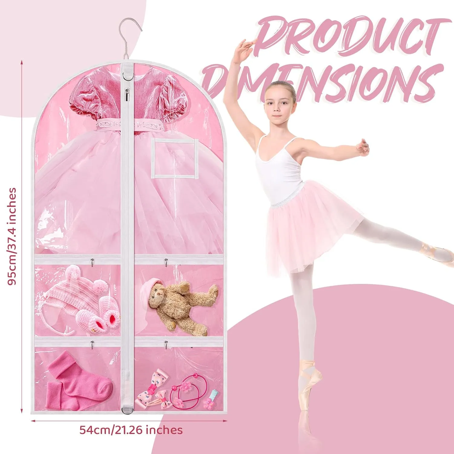 Nuenen 6 Pcs Kids Dance Costume Garment Bag for Hanging Clothes Clear Dance Garment Bags for Dancers with 5 Zipper Pockets Closet Hanging Clothes Cover(37 x 21 Inch,Pink)