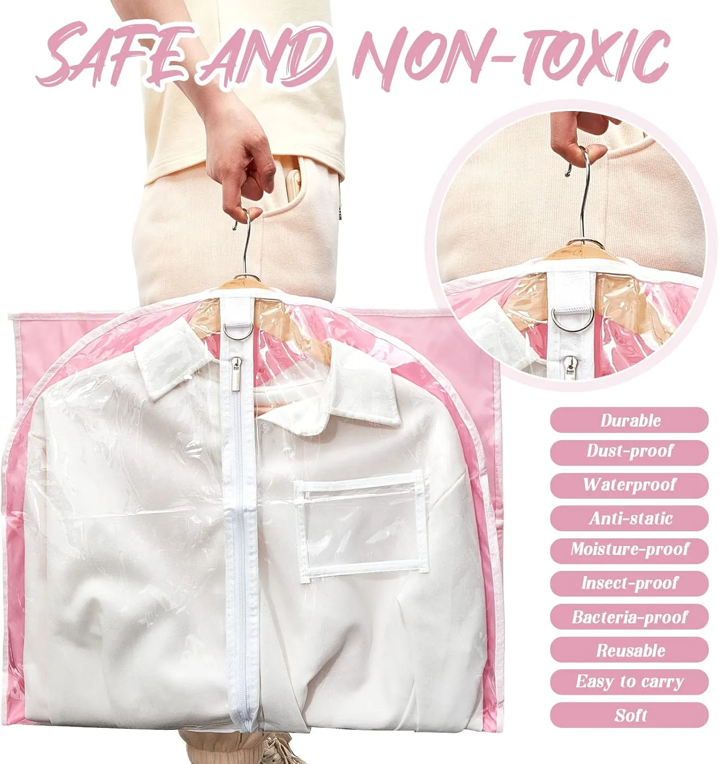 Nuenen 6 Pcs Kids Dance Costume Garment Bag for Hanging Clothes Clear Dance Garment Bags for Dancers with 5 Zipper Pockets Closet Hanging Clothes Cover(37 x 21 Inch,Pink)
