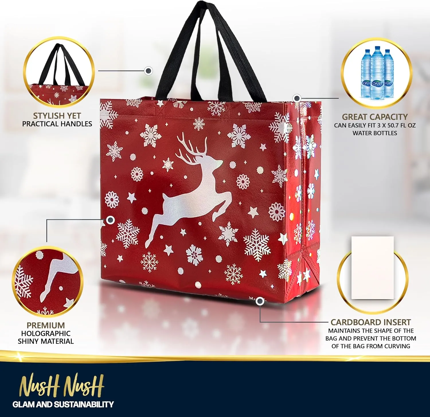 Nush Nush 12 Reusable Large Bags - Festive Mix Set With 4 Red, 4 Green & 4 Navy Blue Bags With Handles - Party Favor Bulk Pack - 13x5x11 Size
