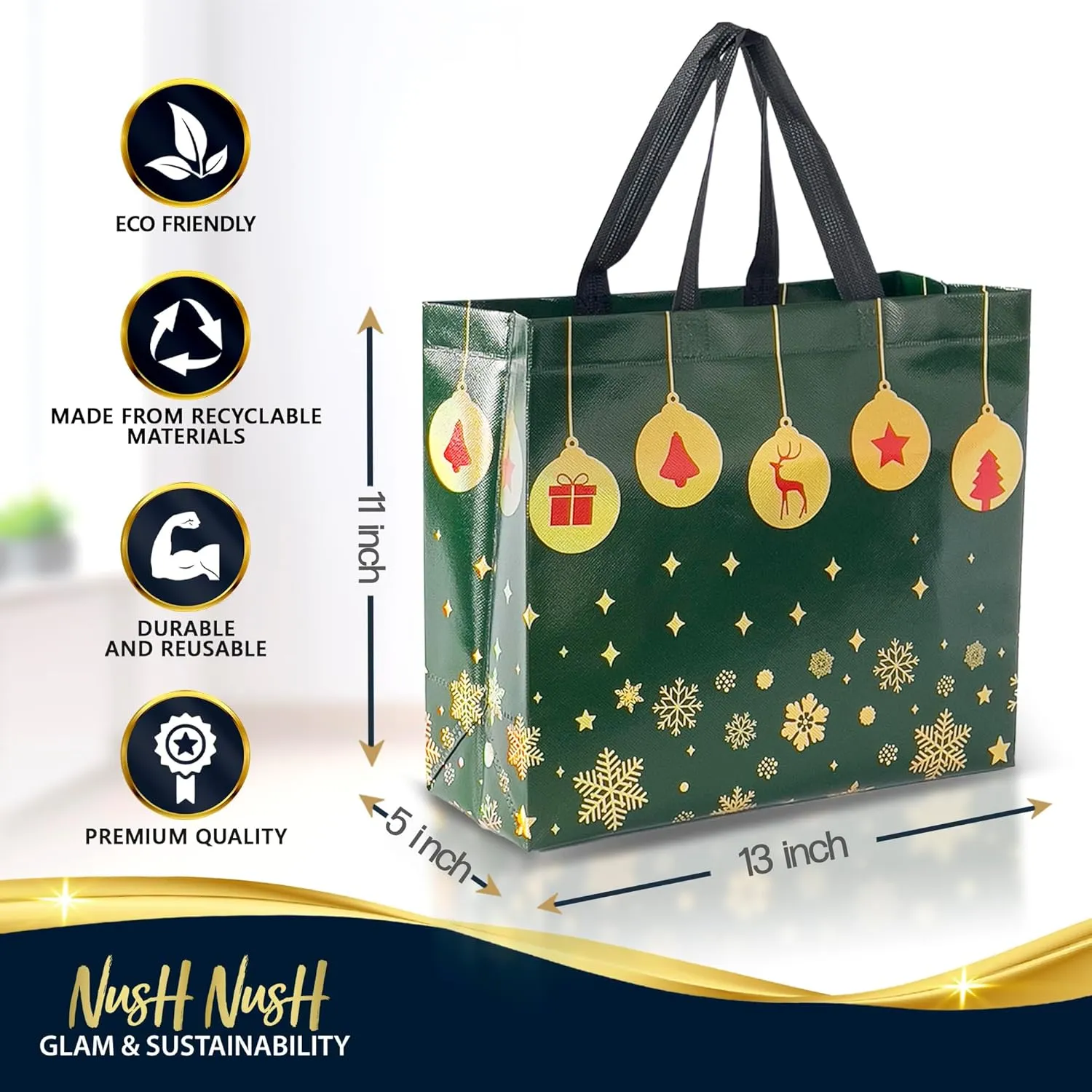 Nush Nush 12 Reusable Large Bags - Festive Mix Set With 4 Red, 4 Green & 4 Navy Blue Bags With Handles - Party Favor Bulk Pack - 13x5x11 Size
