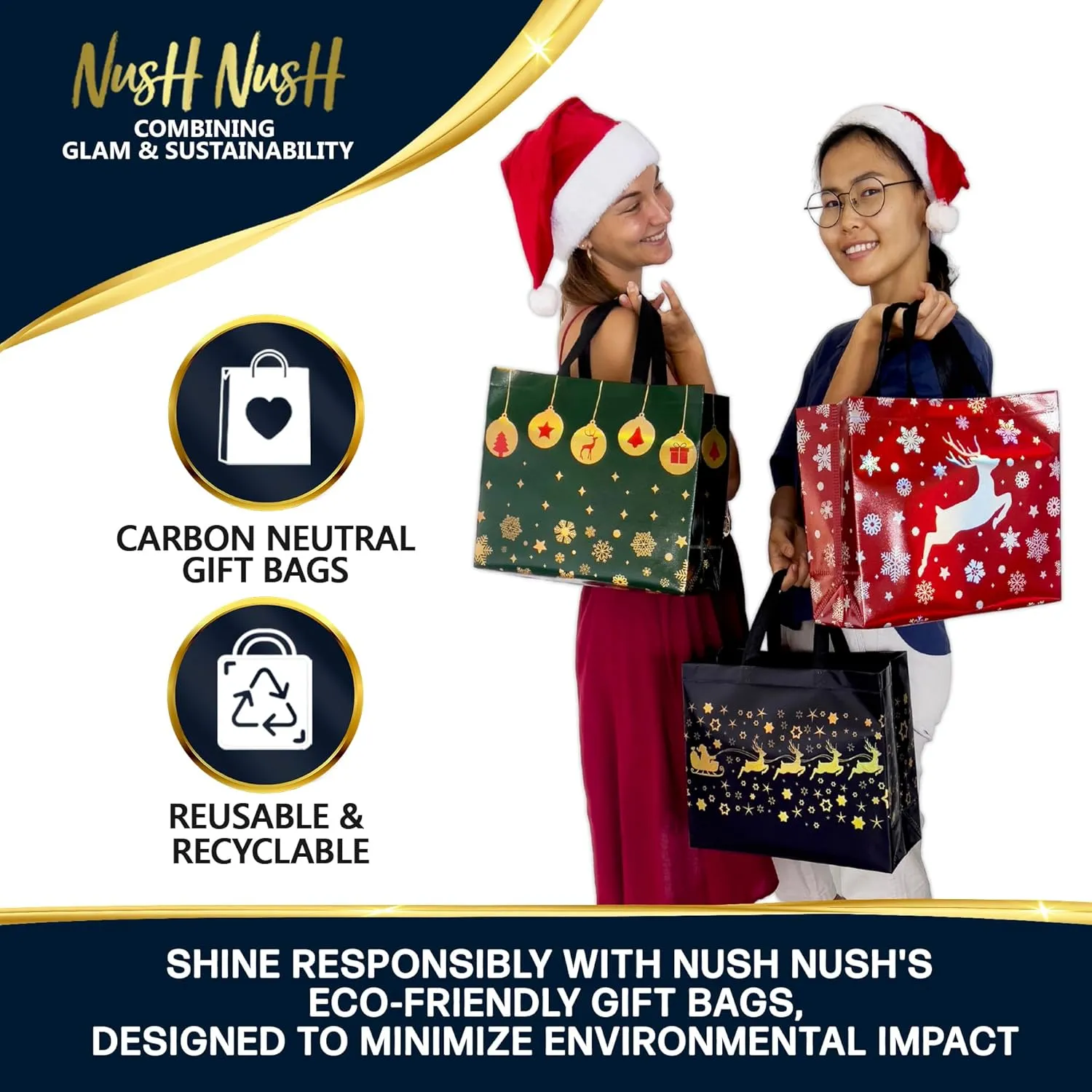 Nush Nush 12 Reusable Large Bags - Festive Mix Set With 4 Red, 4 Green & 4 Navy Blue Bags With Handles - Party Favor Bulk Pack - 13x5x11 Size