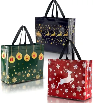 Nush Nush 12 Reusable Large Bags - Festive Mix Set With 4 Red, 4 Green & 4 Navy Blue Bags With Handles - Party Favor Bulk Pack - 13x5x11 Size