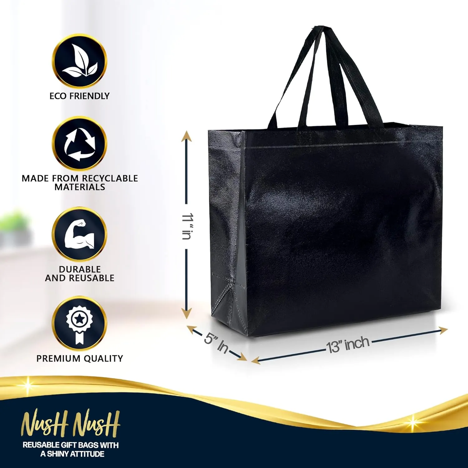 Nush Nush Black Gift Bags Large Size – Set of 12 Shiny Black Reusable Gift Bags With Handles - Perfect As Black Goodie Bags, Birthday Gift Bags Bulk, Large Party Favor Bags – 13Wx5Dx11H Size