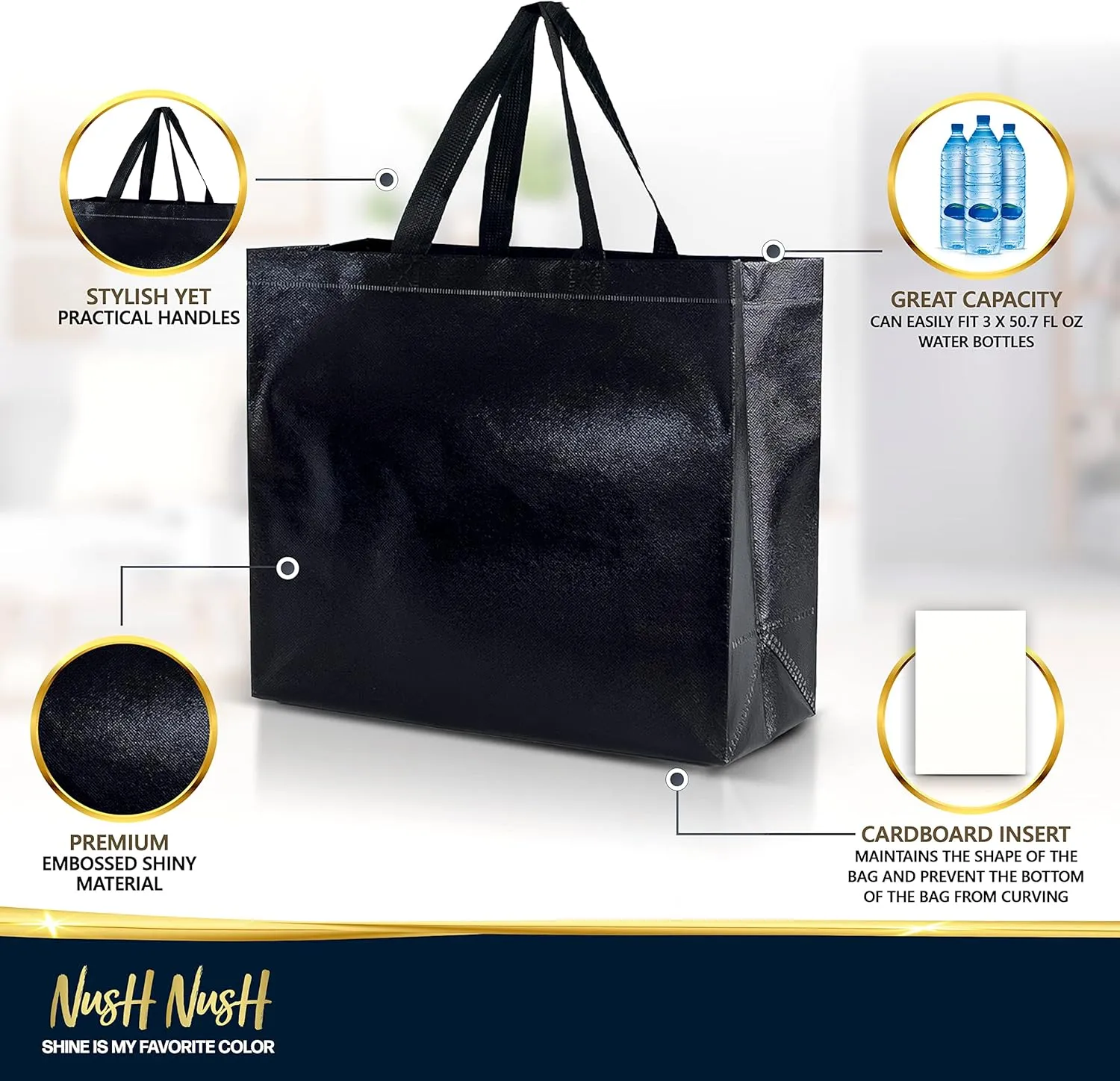 Nush Nush Black Gift Bags Large Size – Set of 12 Shiny Black Reusable Gift Bags With Handles - Perfect As Black Goodie Bags, Birthday Gift Bags Bulk, Large Party Favor Bags – 13Wx5Dx11H Size
