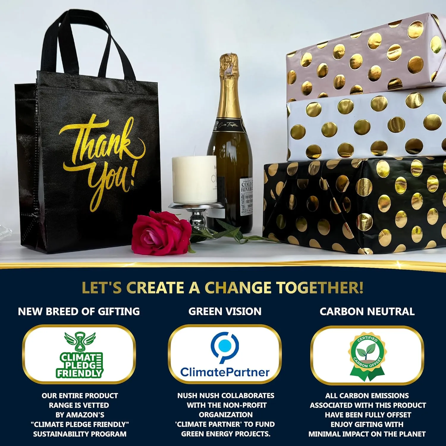 Nush Nush Black Thank You Gift Set - Reusable Bags With Holographic Gold Print - Perfect As Goodie, Birthday, Party Favor Bags - Set of 12 - 8W x 4D x 10H