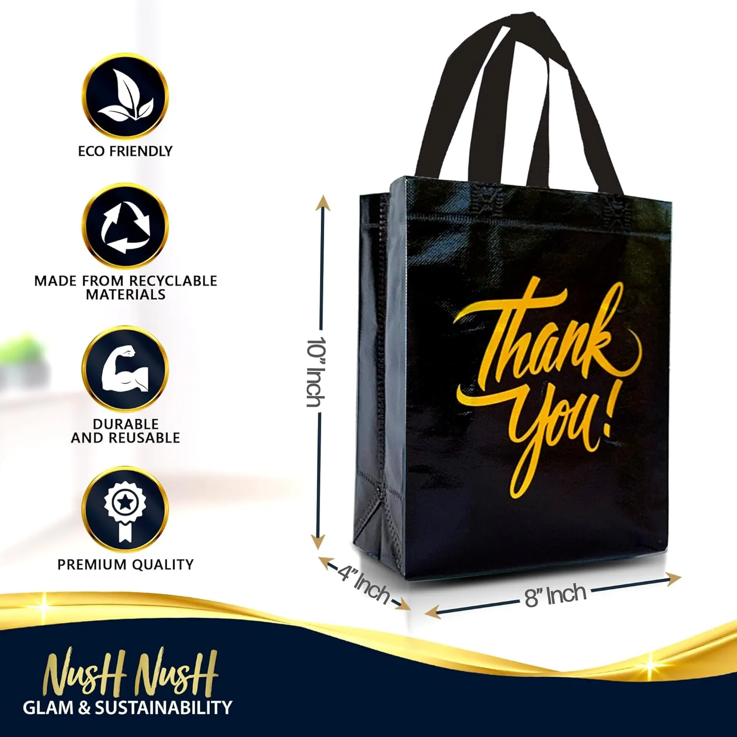 Nush Nush Black Thank You Gift Set - Reusable Bags With Holographic Gold Print - Perfect As Goodie, Birthday, Party Favor Bags - Set of 12 - 8W x 4D x 10H