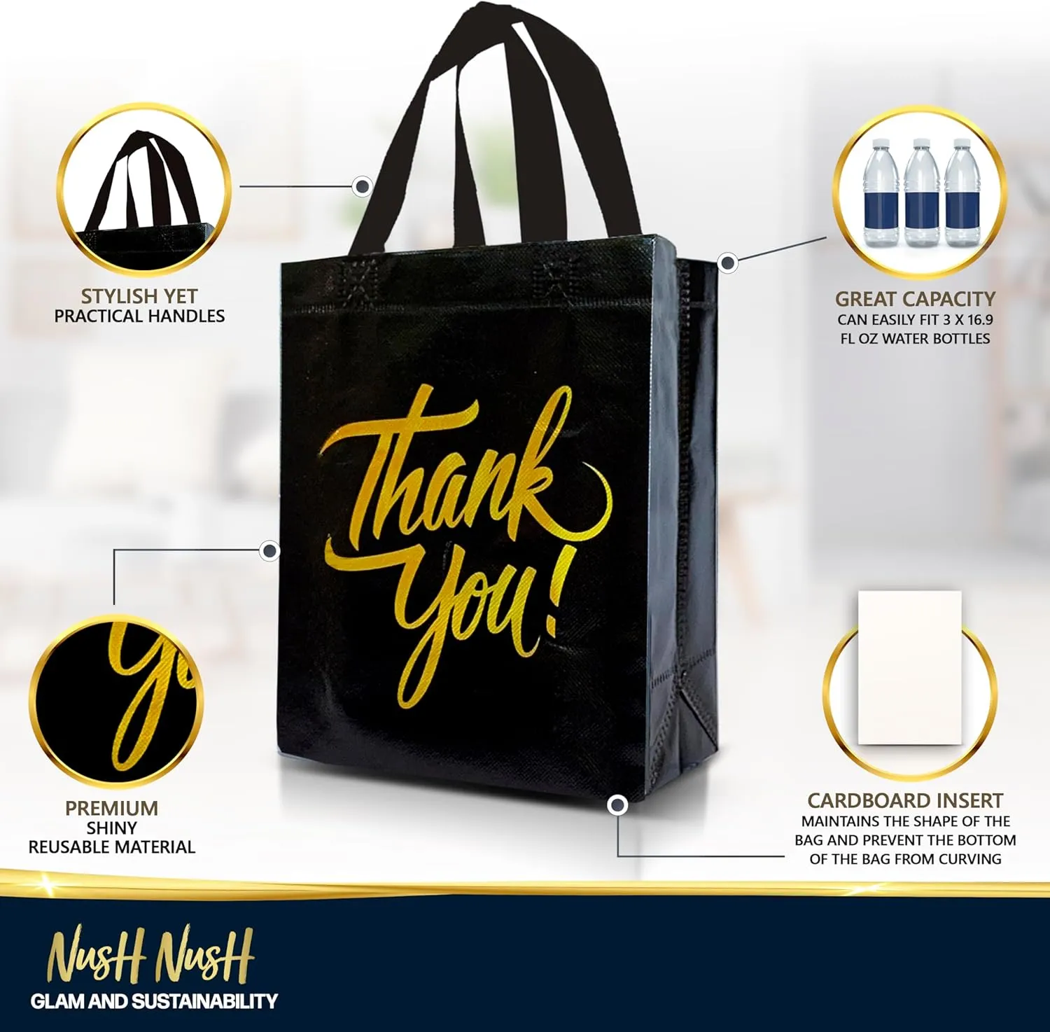 Nush Nush Black Thank You Gift Set - Reusable Bags With Holographic Gold Print - Perfect As Goodie, Birthday, Party Favor Bags - Set of 12 - 8W x 4D x 10H