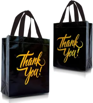Nush Nush Black Thank You Gift Set - Reusable Bags With Holographic Gold Print - Perfect As Goodie, Birthday, Party Favor Bags - Set of 12 - 8W x 4D x 10H